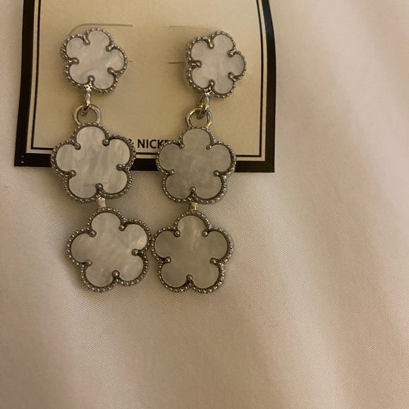 Silver and White Flower Drop Earrings - Picture 2 of 3